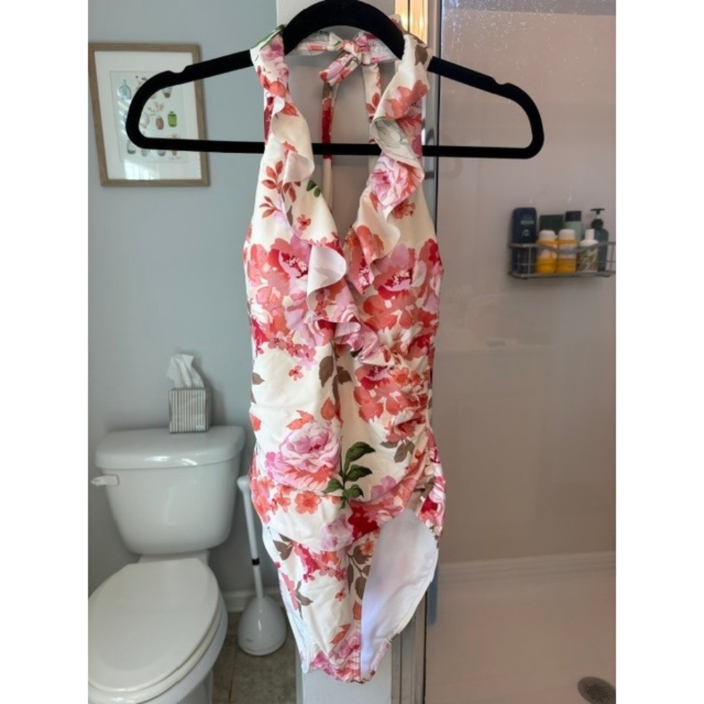 Cupshe Pink Floral Ruffle Halter One Piece Swimsuit Tummy Contouring Medium NEW